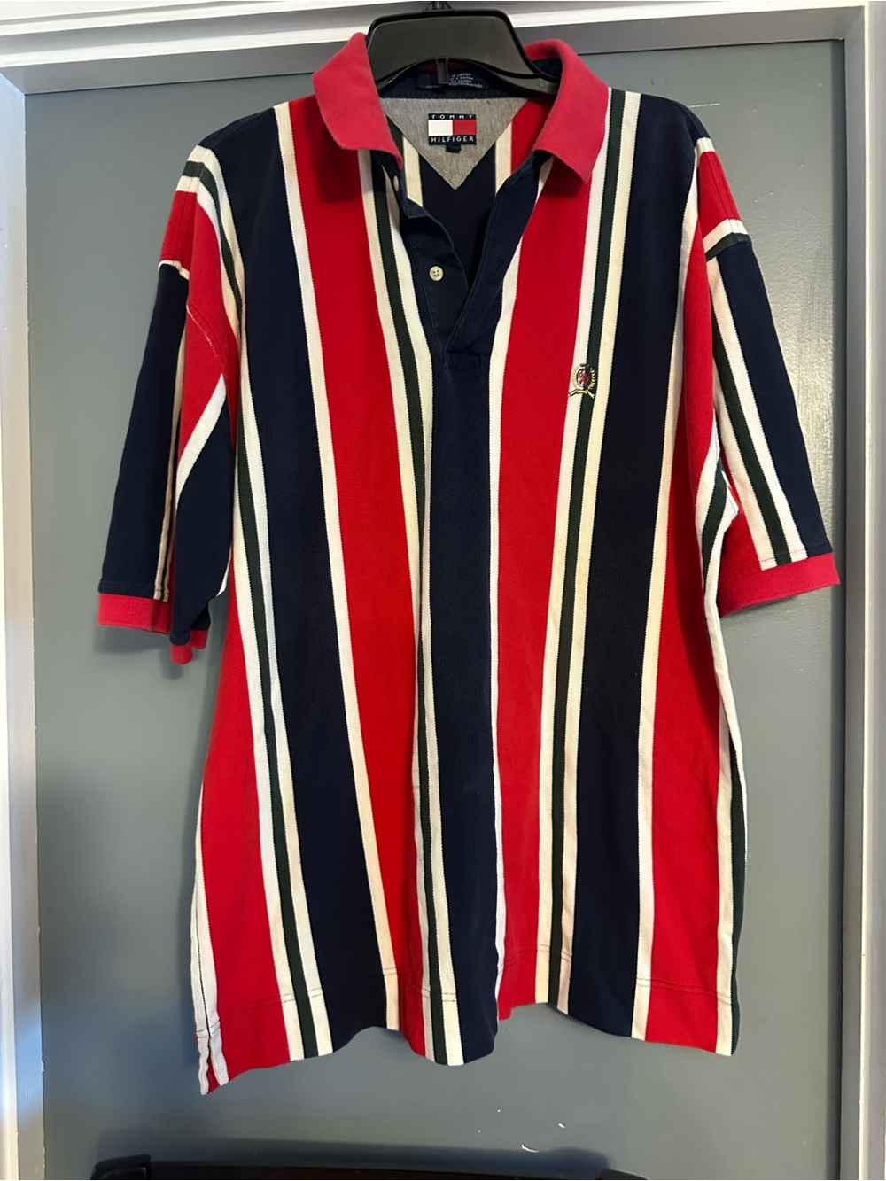 Tommy Hilfiger Red, Navy & White Vertical Stripe Polo XL